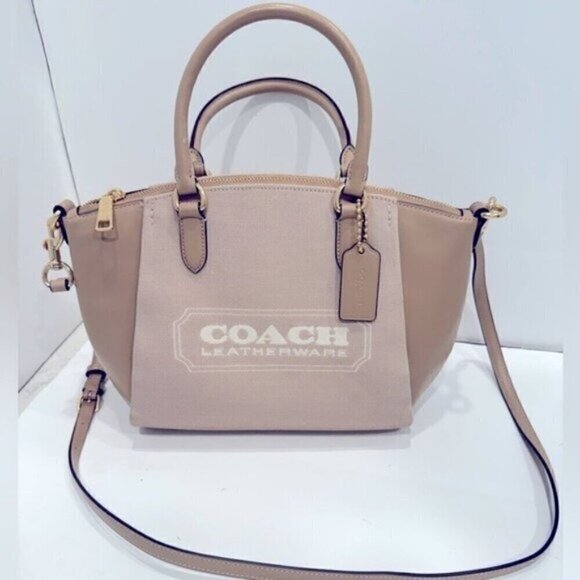 Coach Elise Badge Jacquard Chalk Taupe Satchel Shoulder Bag, purse, - Picture 5 of 12